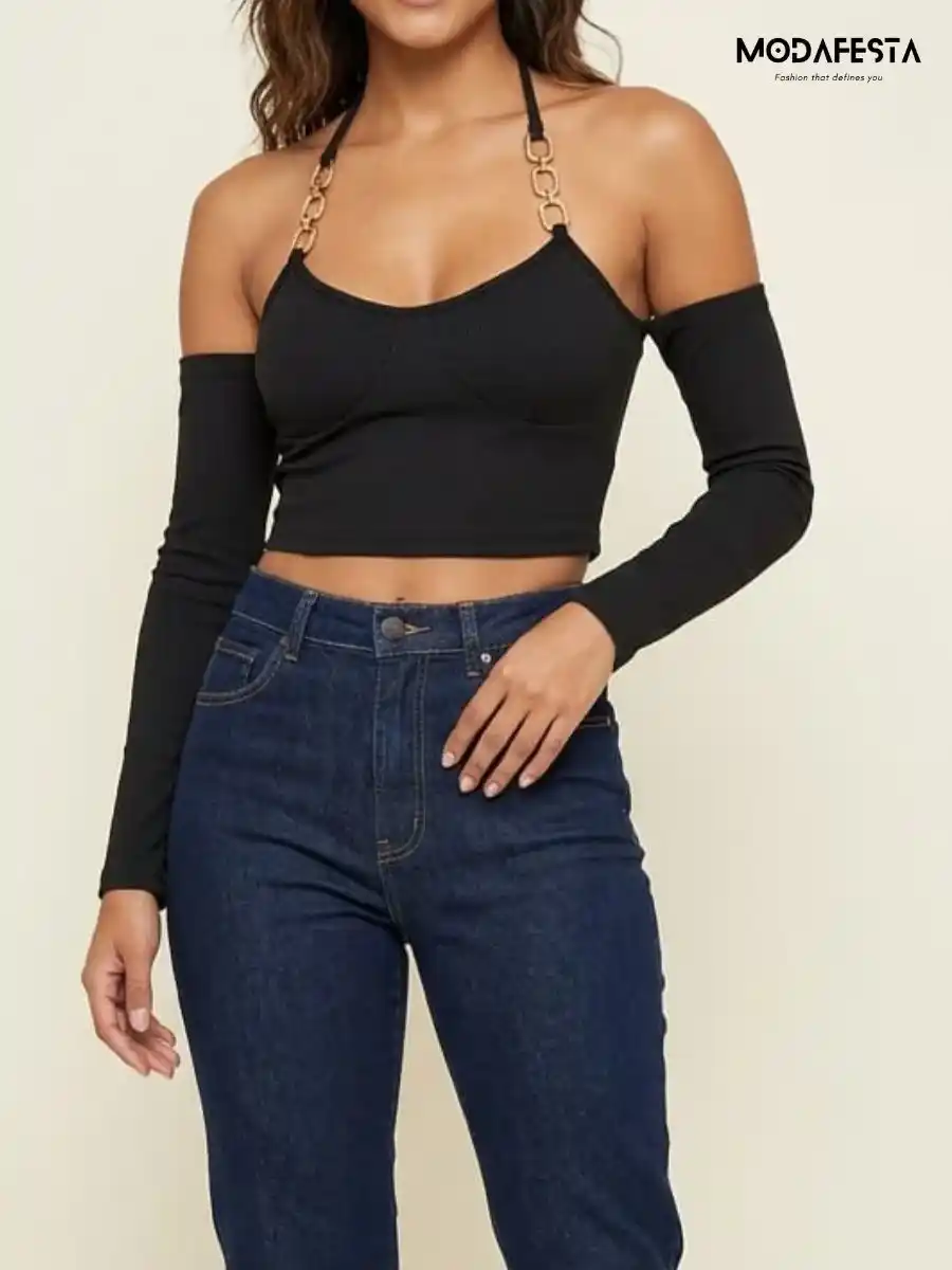 ModaFesta -chain-strap-halter-neck-crop- camisole-top-arm-sleeves-black